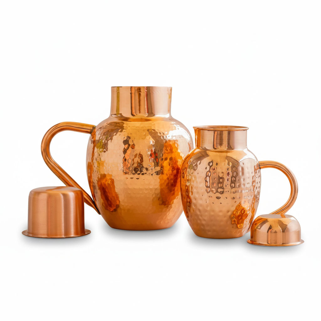Pure copper hammered surai jug with bowl style lid, 1600 ML